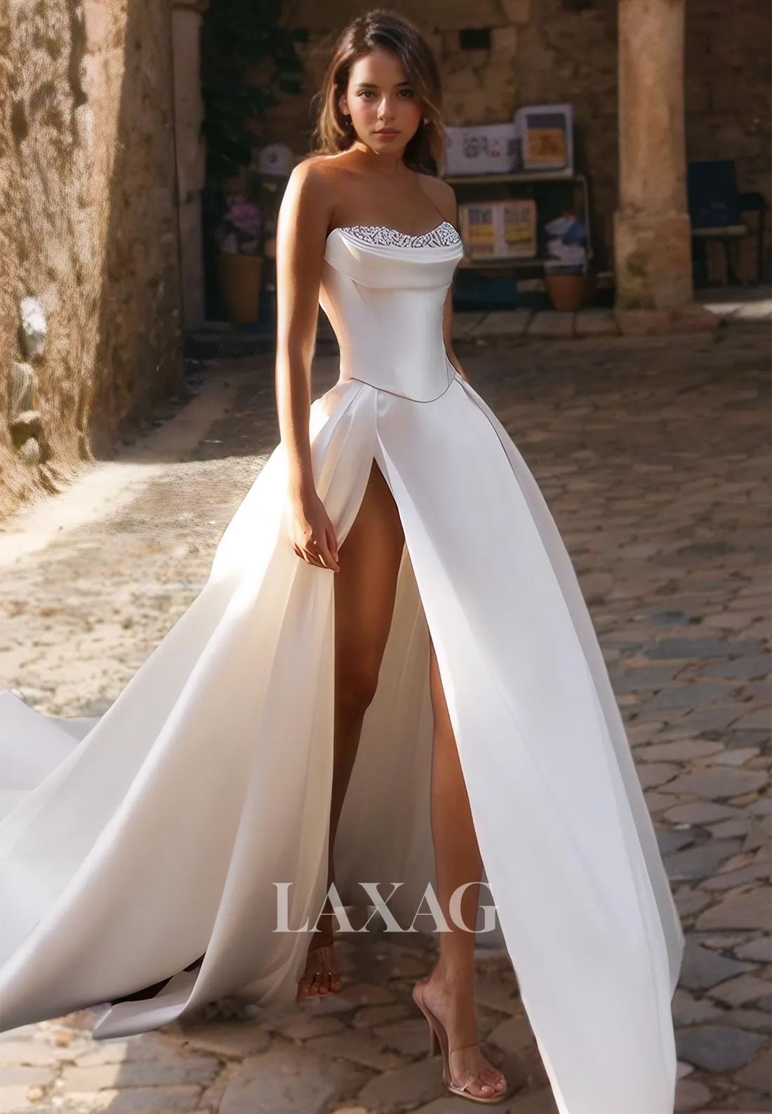 22383 - A-Line Sweetheart Beaded High Slit Sleek Satin Elegant Wedding Dress with Train