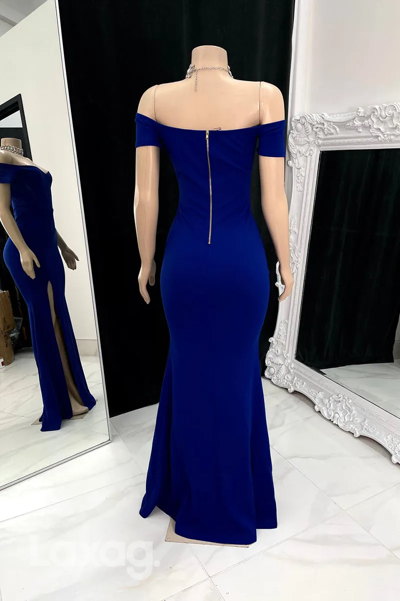 22587 - Off Shoulder Sleek Satin Mermaid Prom Dresses for Black Girl Slay with Slit