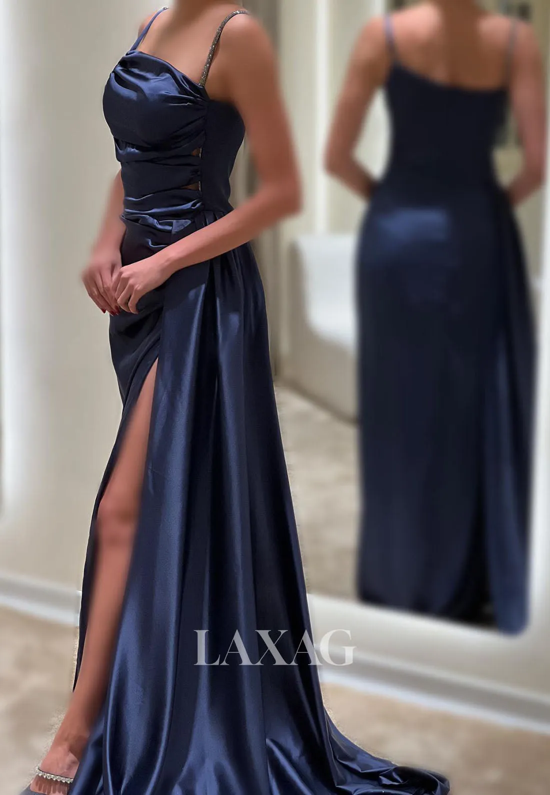 23159 - Spaghetti Straps Pleated Sleek Satin High Slit Party Prom Formal Evening Dress