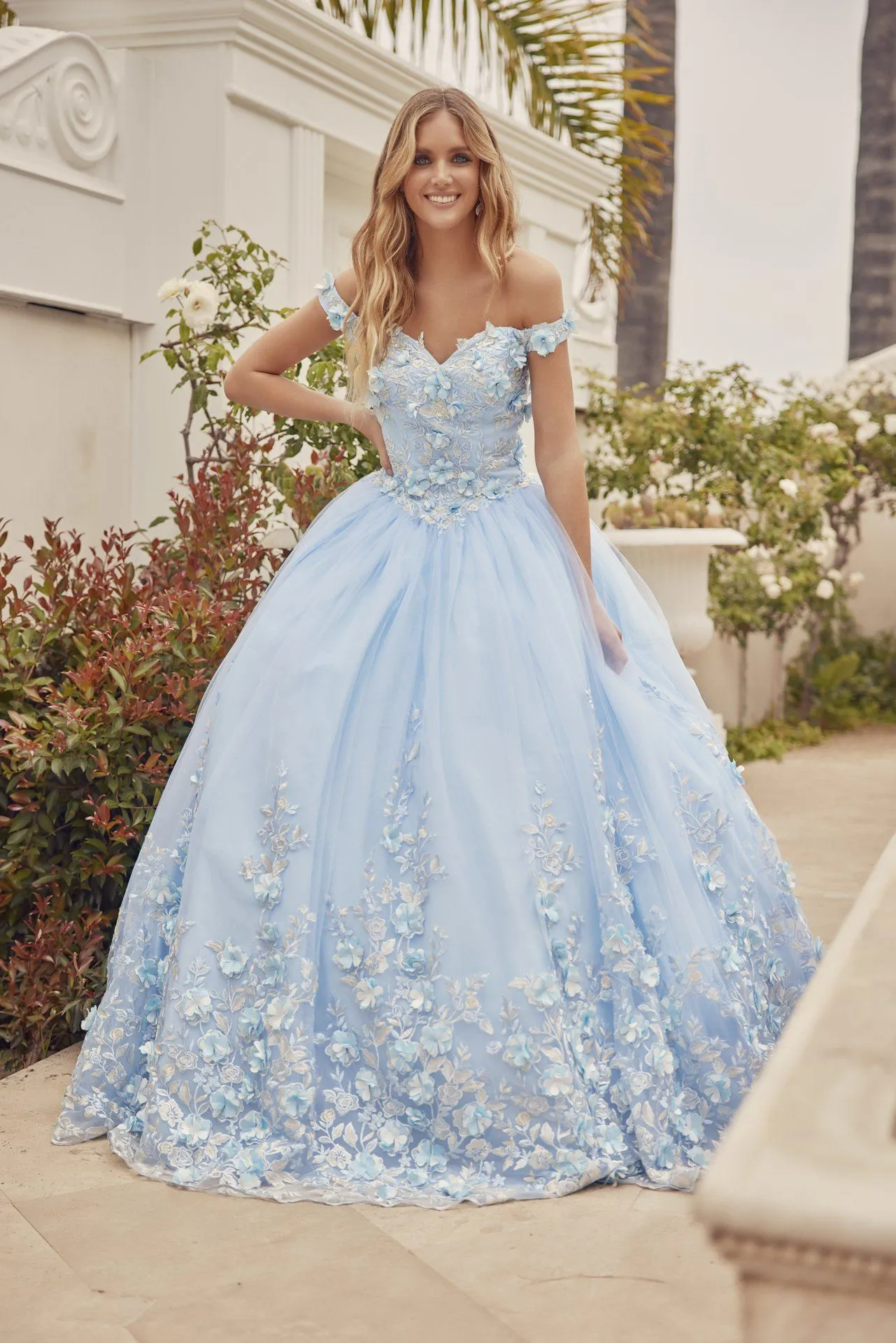 3D Floral Off Shoulder Ball Gown by Juliet 1434