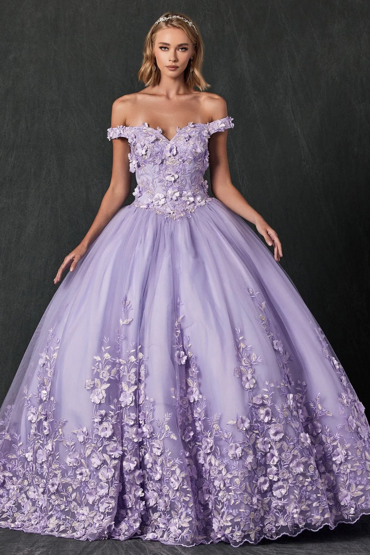 3D Floral Off Shoulder Ball Gown by Juliet 1434