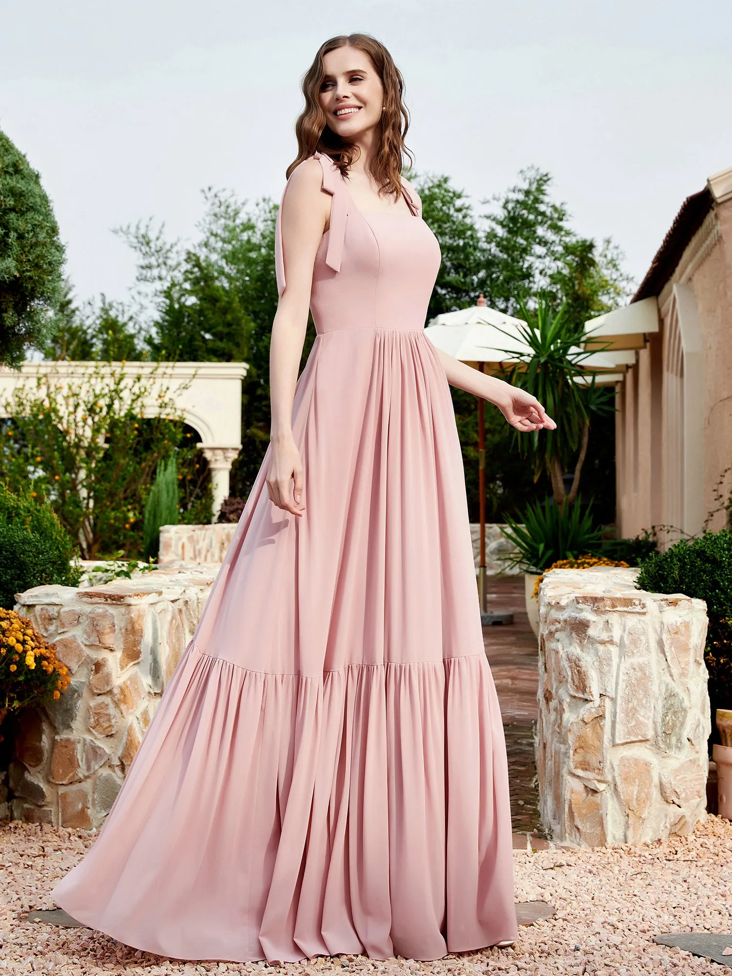 A-Line Bow Ruffle Sleeveless Chiffon Dress Dusty Rose Plus Size