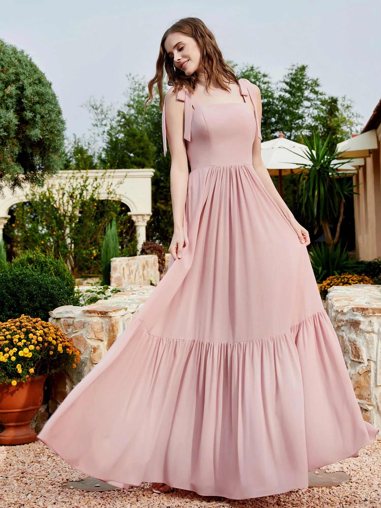 A-Line Bow Ruffle Sleeveless Chiffon Dress Dusty Rose Plus Size