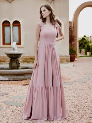 A-Line Bow Ruffle Sleeveless Chiffon Dress Dusty Rose Plus Size