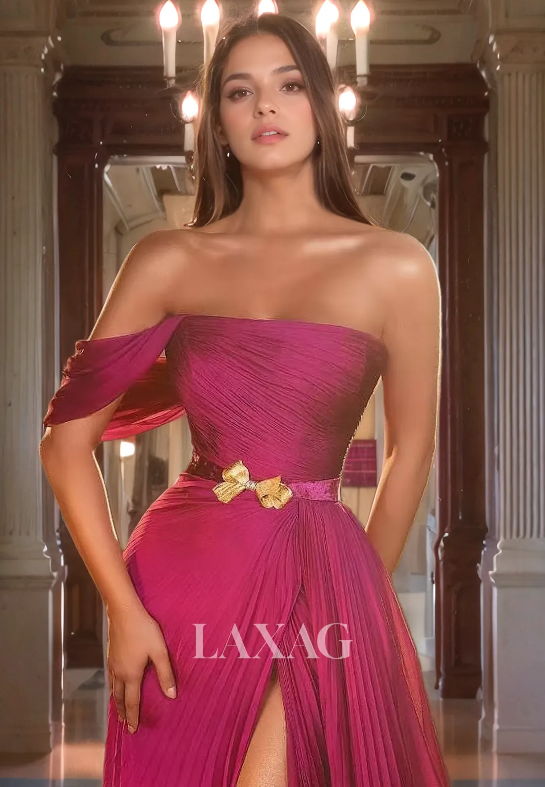 A-Line Off Shoulder Sleek Satin High Slit Party Prom Formal Evening Dress with Train