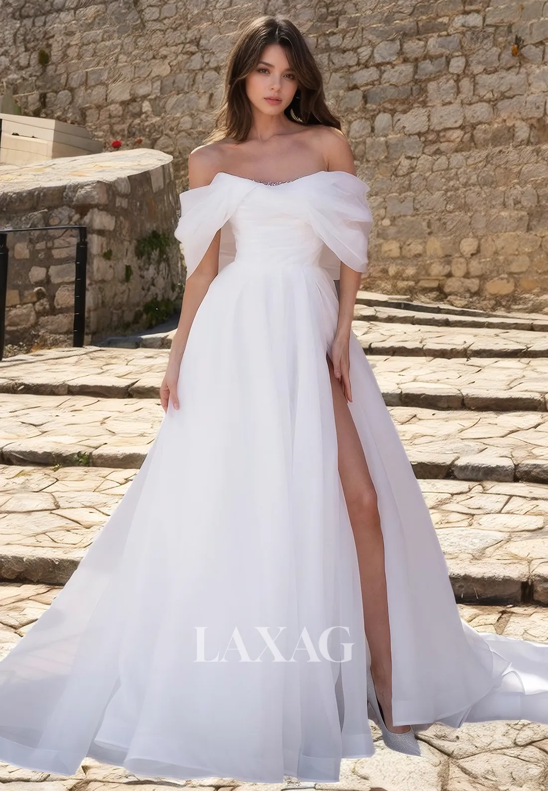 A-Line Off Shoulder Tulle Elegant Wedding Dress with Slit and Train