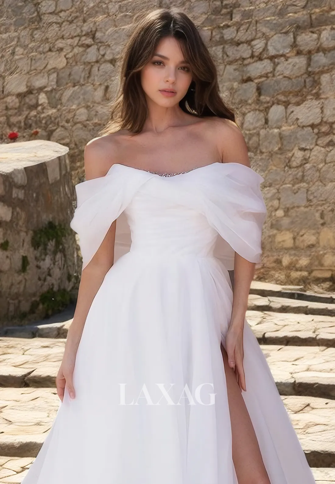 A-Line Off Shoulder Tulle Elegant Wedding Dress with Slit and Train