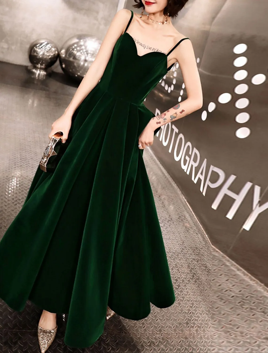 A-Line Prom Dresses Beautiful Back Dress Wedding Guest Prom Ankle Length Sleeveless Spaghetti Strap Velvet with Sleek Pleats