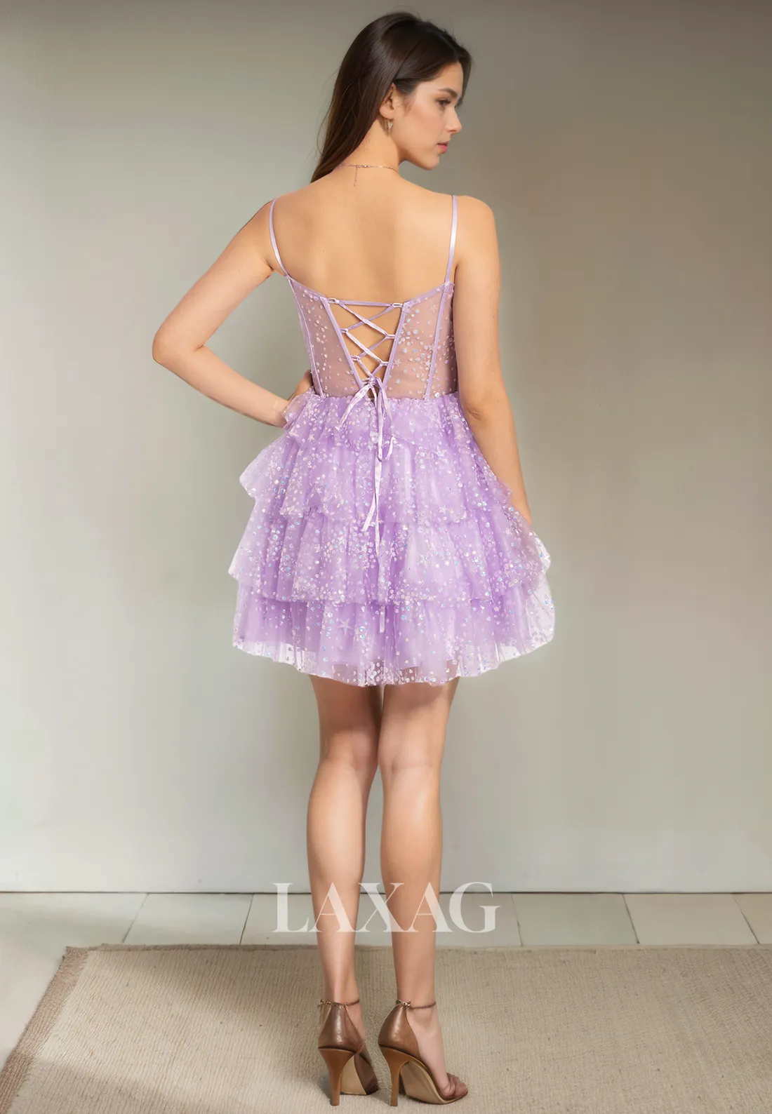 A-Line Spaghetti Straps Backless Tiered Tulle Glitter Party Homecoming Dress