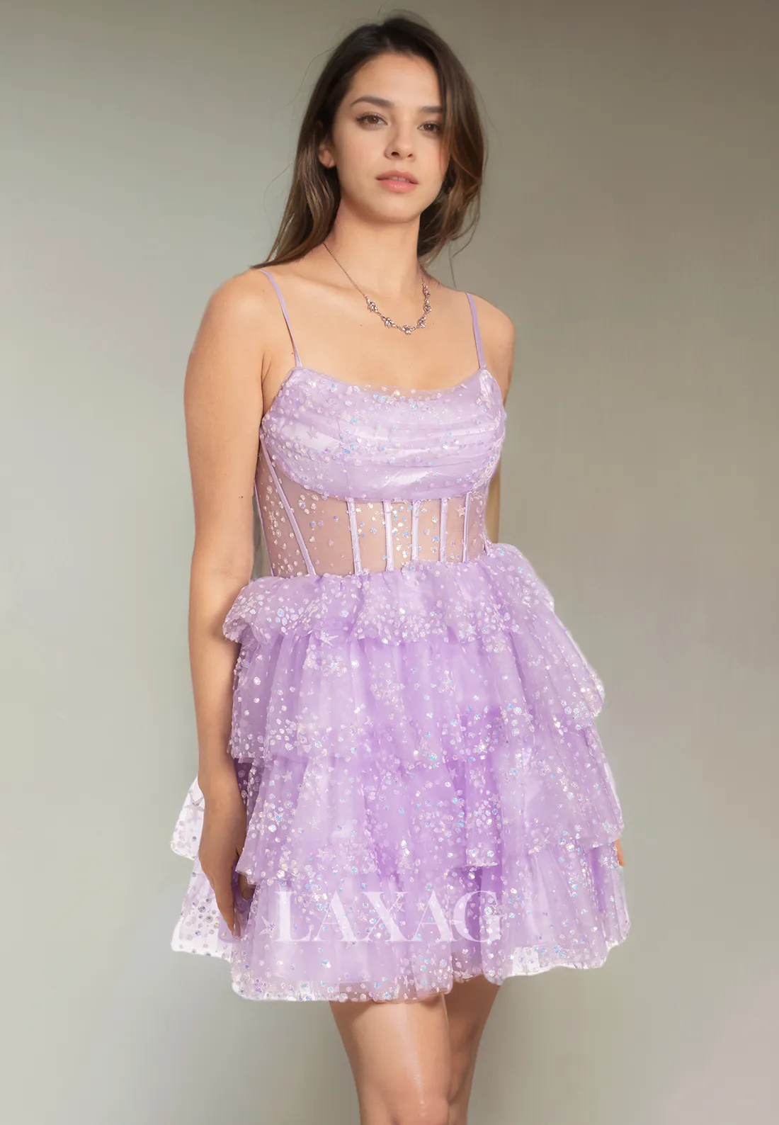 A-Line Spaghetti Straps Backless Tiered Tulle Glitter Party Homecoming Dress