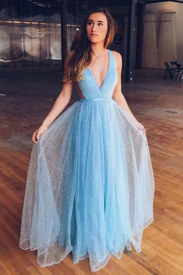 A-line Sparkly Tulle Light Blue Prom Dresses, Party Dress