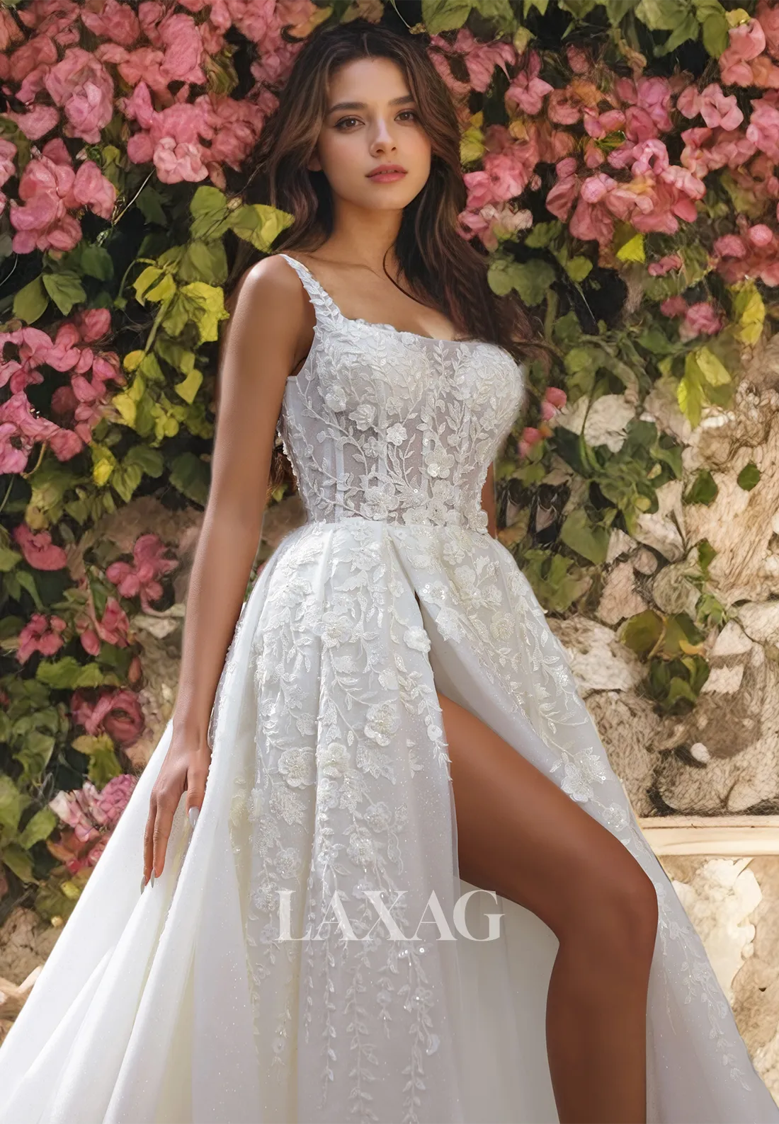 A-Line Square Appliques Sequins Tulle High Slit Wedding Dress with Train