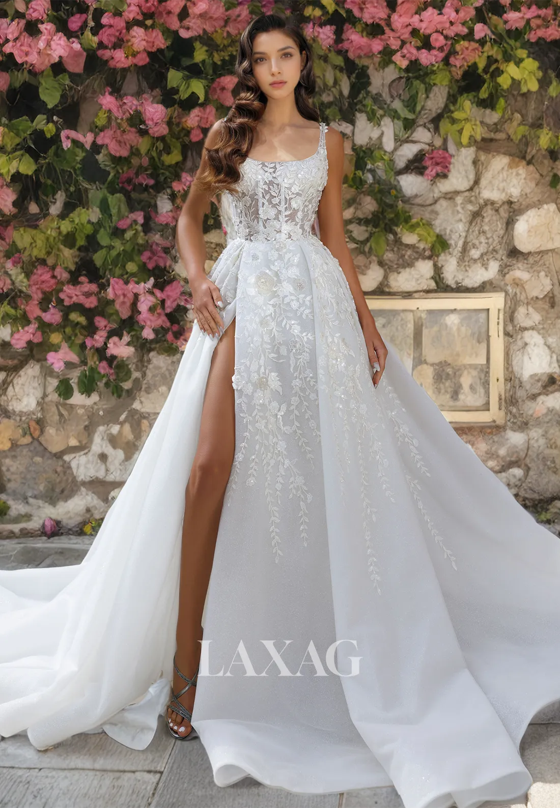 A-Line Square Appliques Sequins Tulle High Slit Wedding Dress with Train