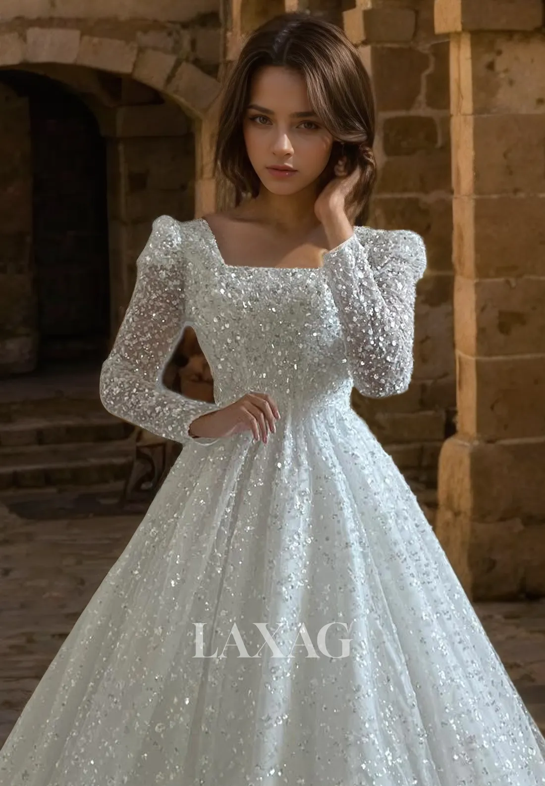 A-Line Square Long Sleeves Fully Sequins Tulle Elegant Wedding Dress with Train