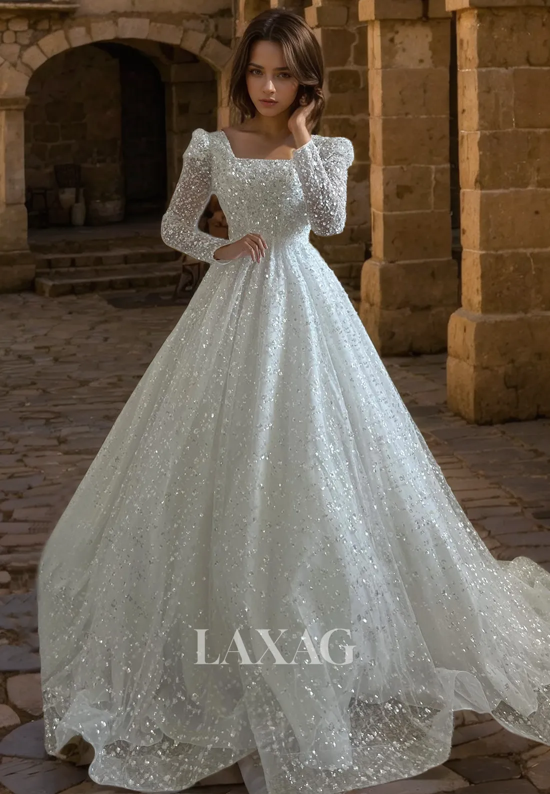 A-Line Square Long Sleeves Fully Sequins Tulle Elegant Wedding Dress with Train