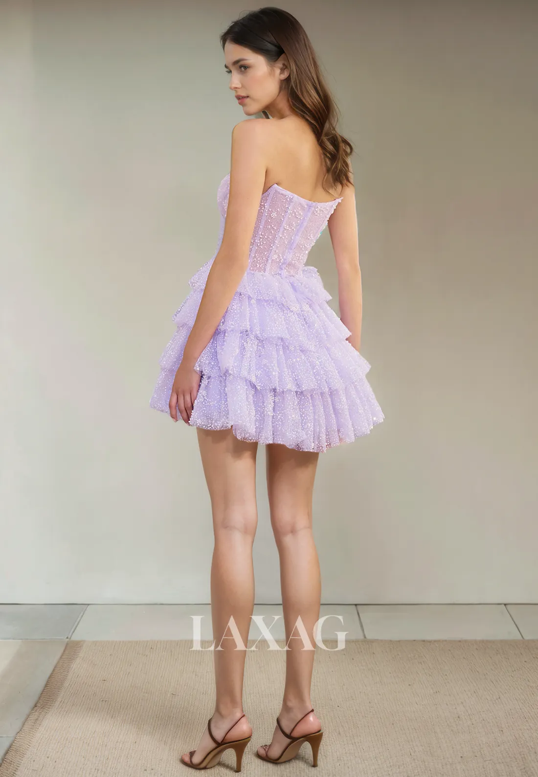 A-Line Strapless Beaded Tiered Tulle Glitter Elegant Party Homecoming Dress