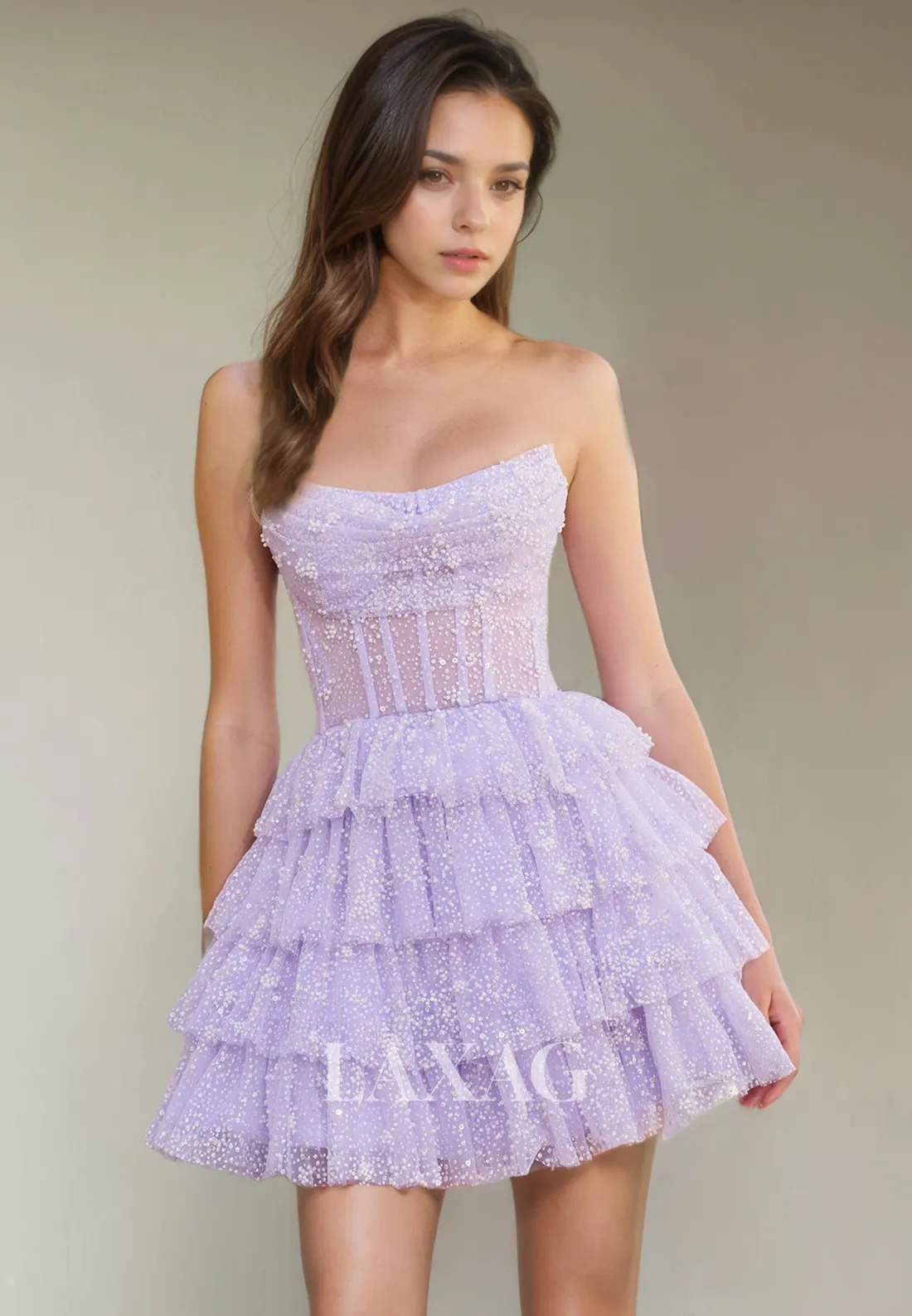 A-Line Strapless Beaded Tiered Tulle Glitter Elegant Party Homecoming Dress