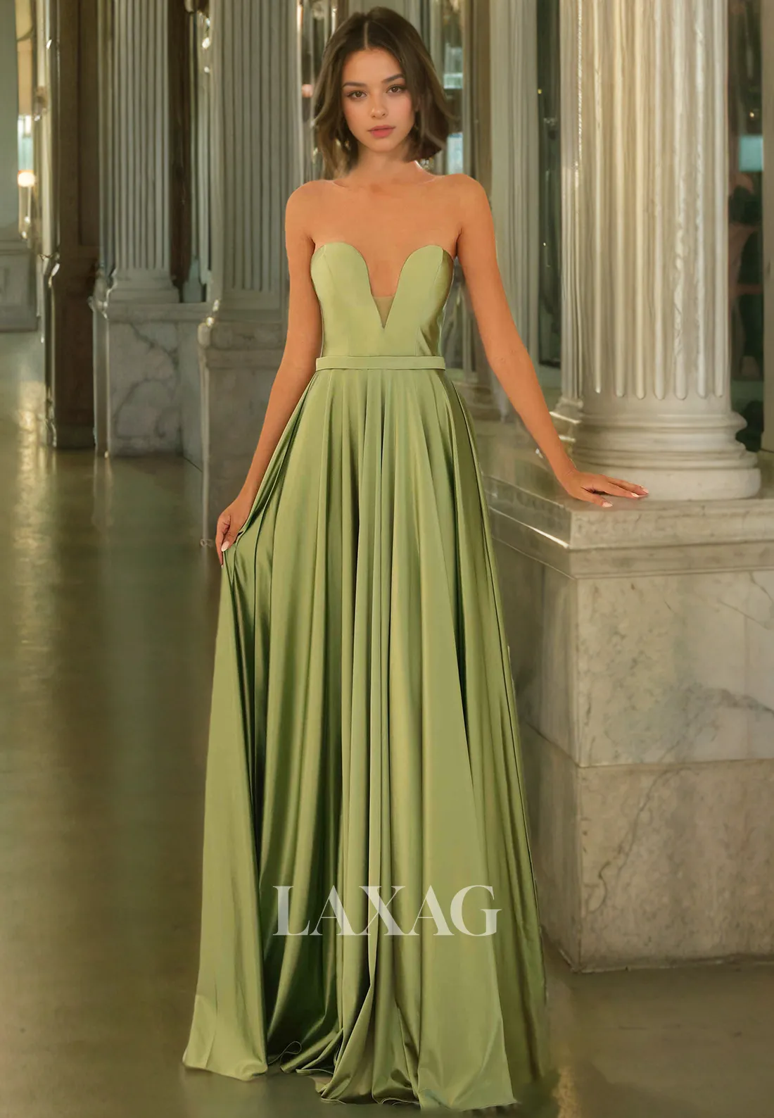 A-Line Strapless Sleek Satin Party Prom Formal Evening Dress with Train