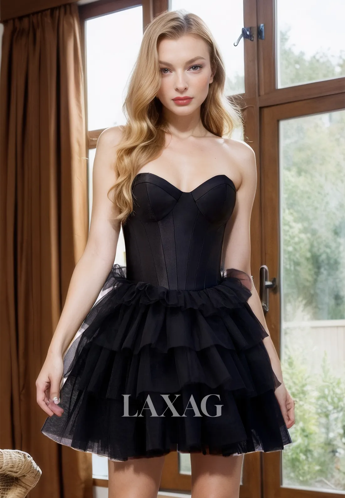 A-Line Strapless Tulle Tiered Sleek Satin Elegant Party Homecoming Dress