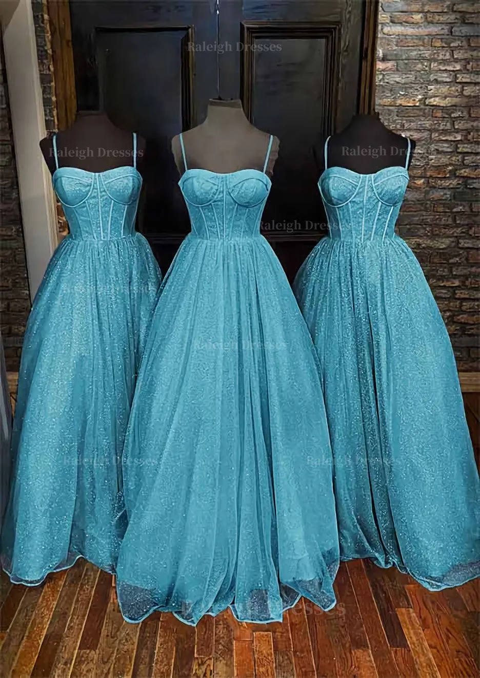 A-line Sweetheart Spaghetti Straps Long/Floor-Length Glitter Prom Dress With Pockets