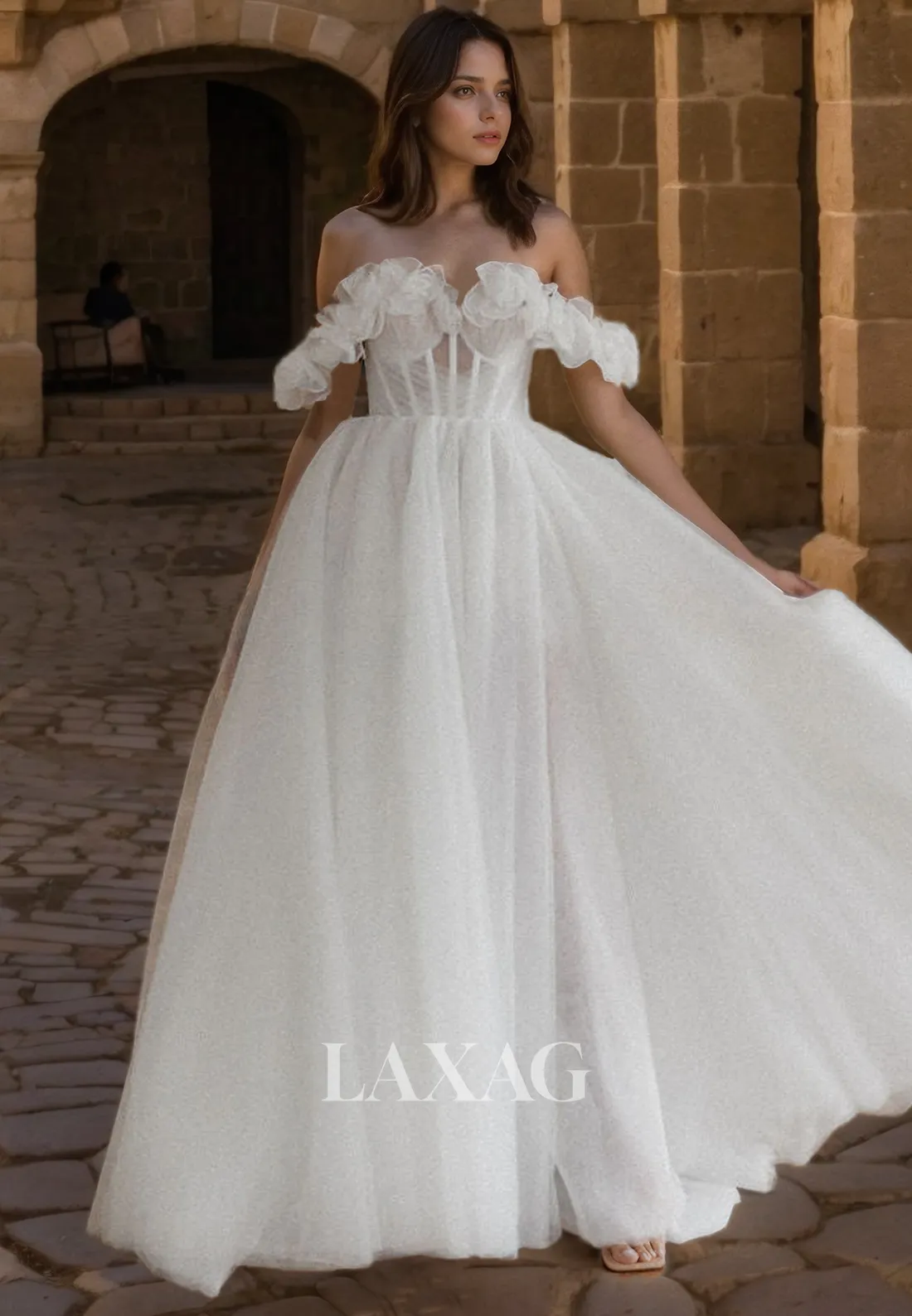 A-Linie Off Shoulder Tulle illsuion Elegant Wedding Dress