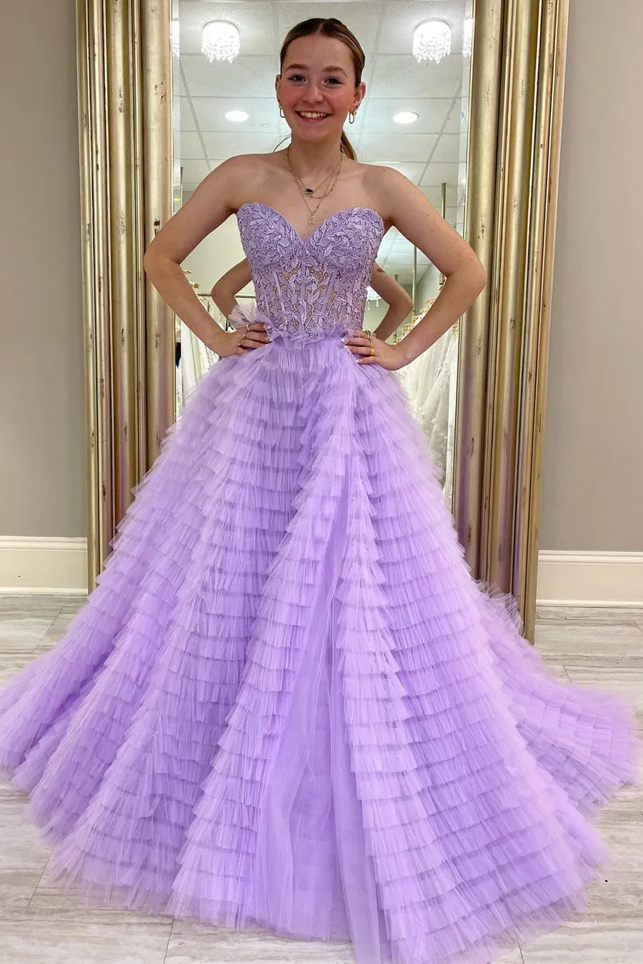 Addilyn |A-line Strapless Multi-Layers Tulle Prom Dress with Slit