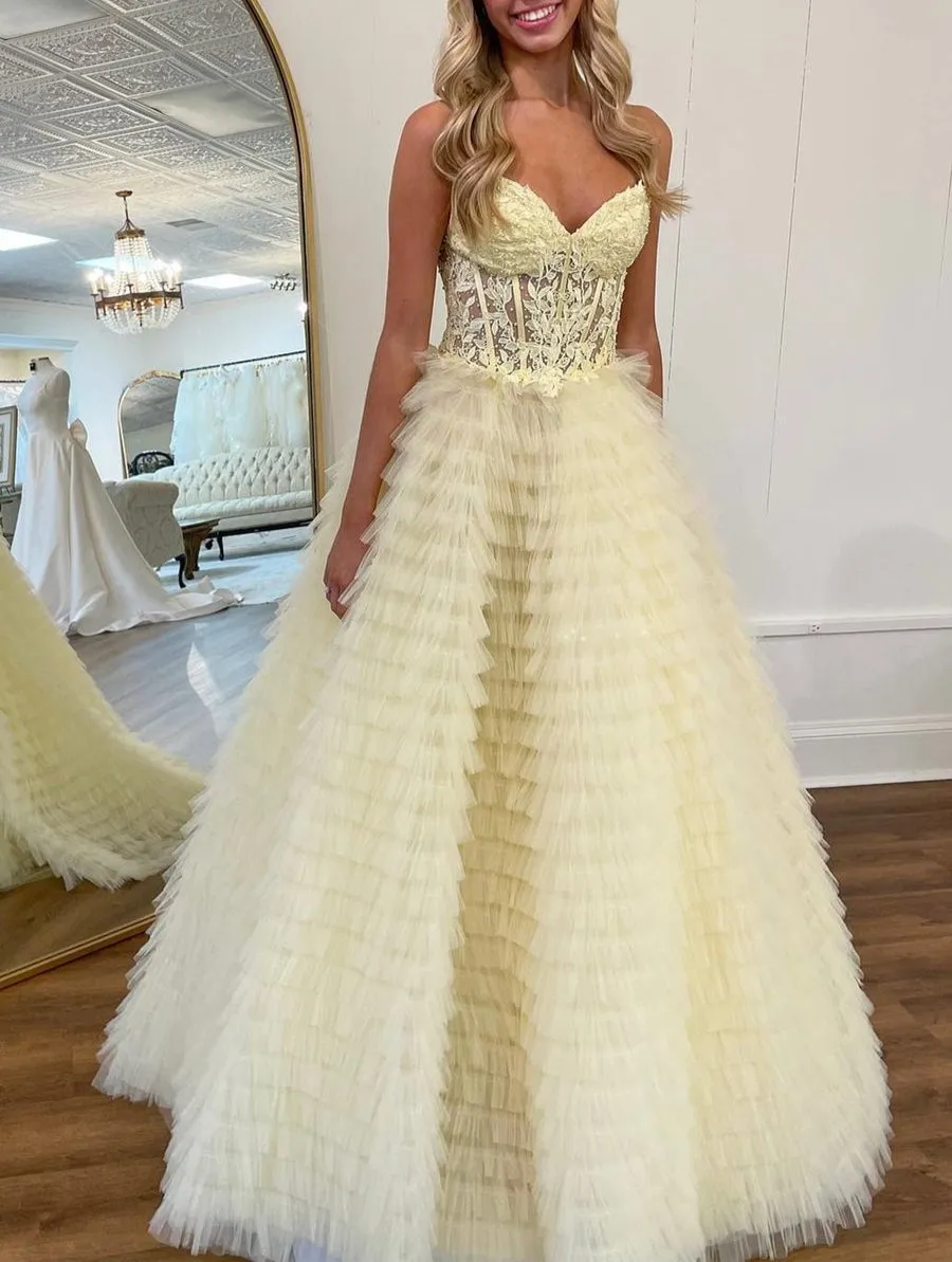 Addilyn |A-line Strapless Multi-Layers Tulle Prom Dress with Slit