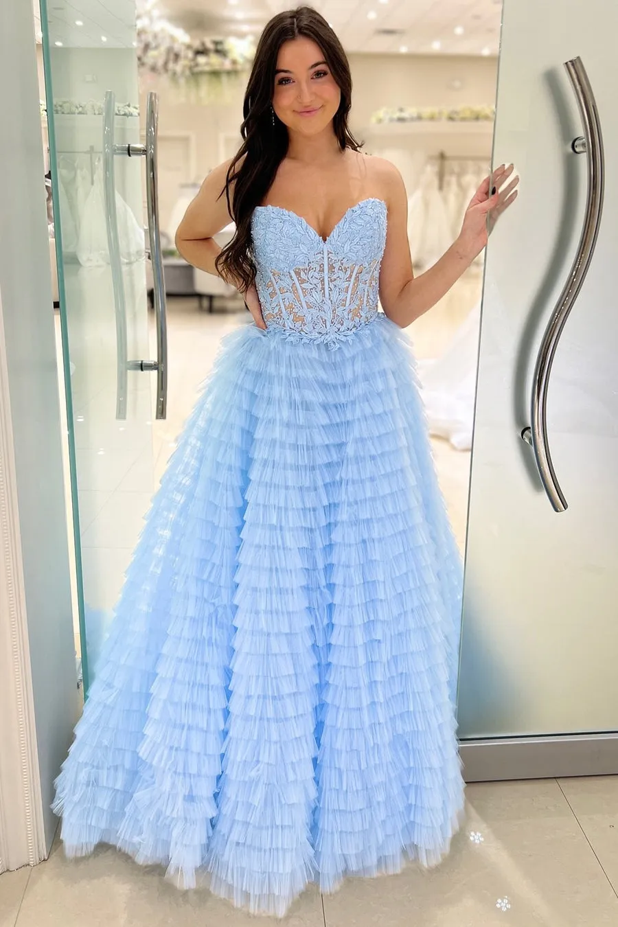 Addilyn |A-line Strapless Multi-Layers Tulle Prom Dress with Slit