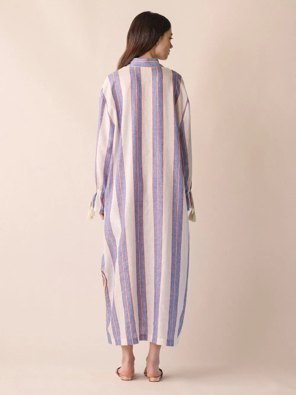 Almandine Linen Striped Dress With Embroidery Patches