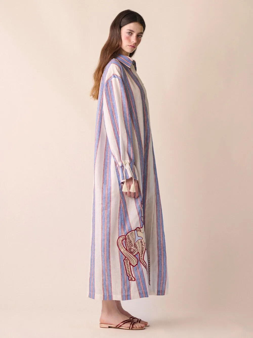 Almandine Linen Striped Dress With Embroidery Patches