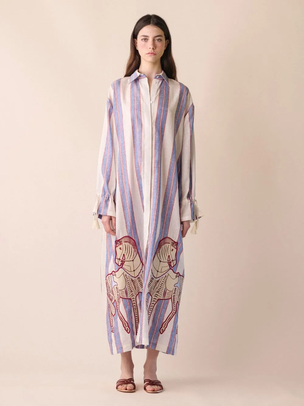 Almandine Linen Striped Dress With Embroidery Patches