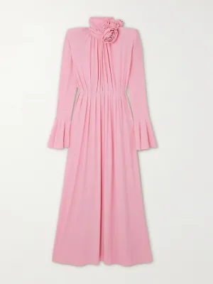 Appliquéd pleated jersey-crepe maxi dress