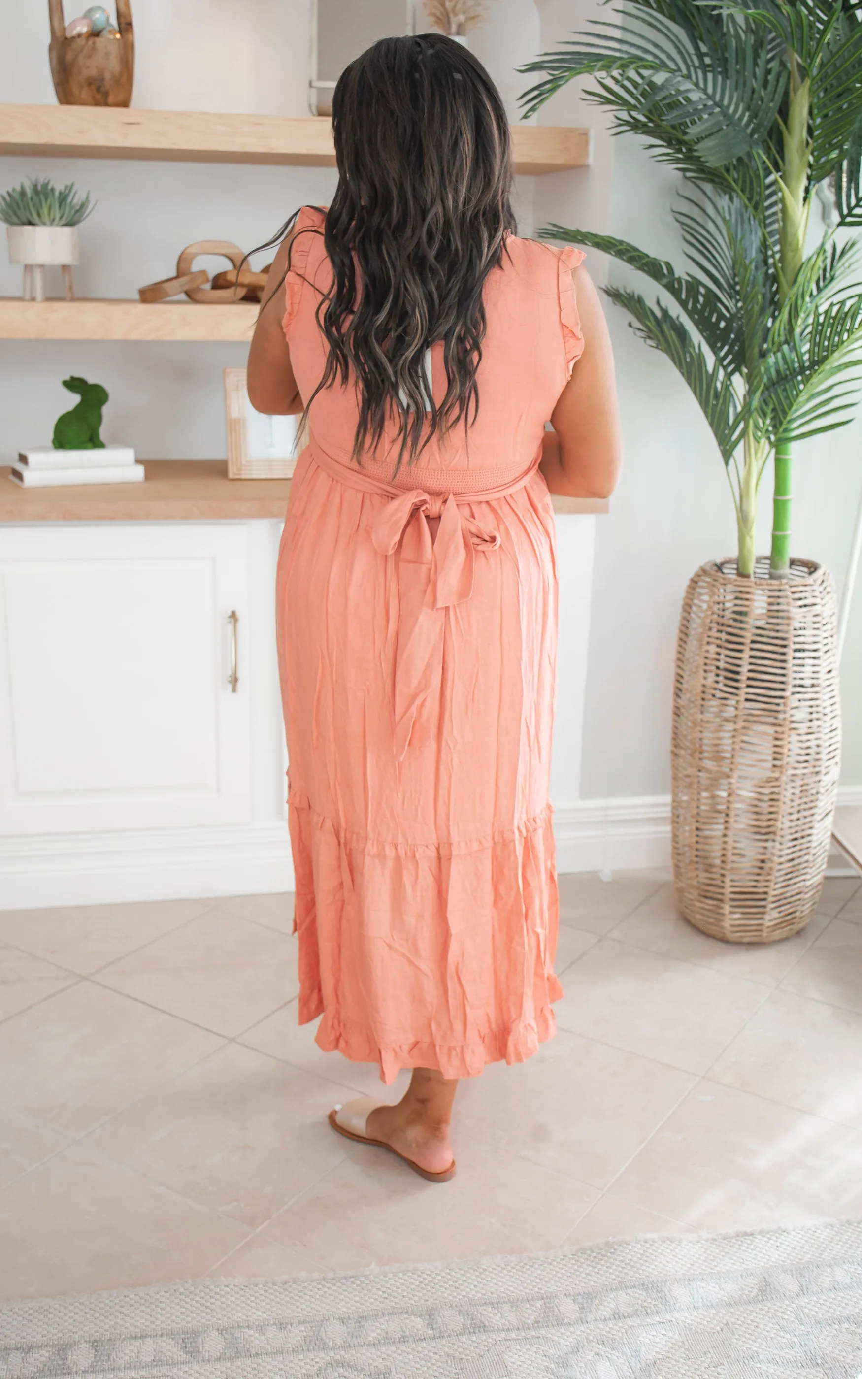 Apricot Button Front Ruffle Midi Dress - Final Sale