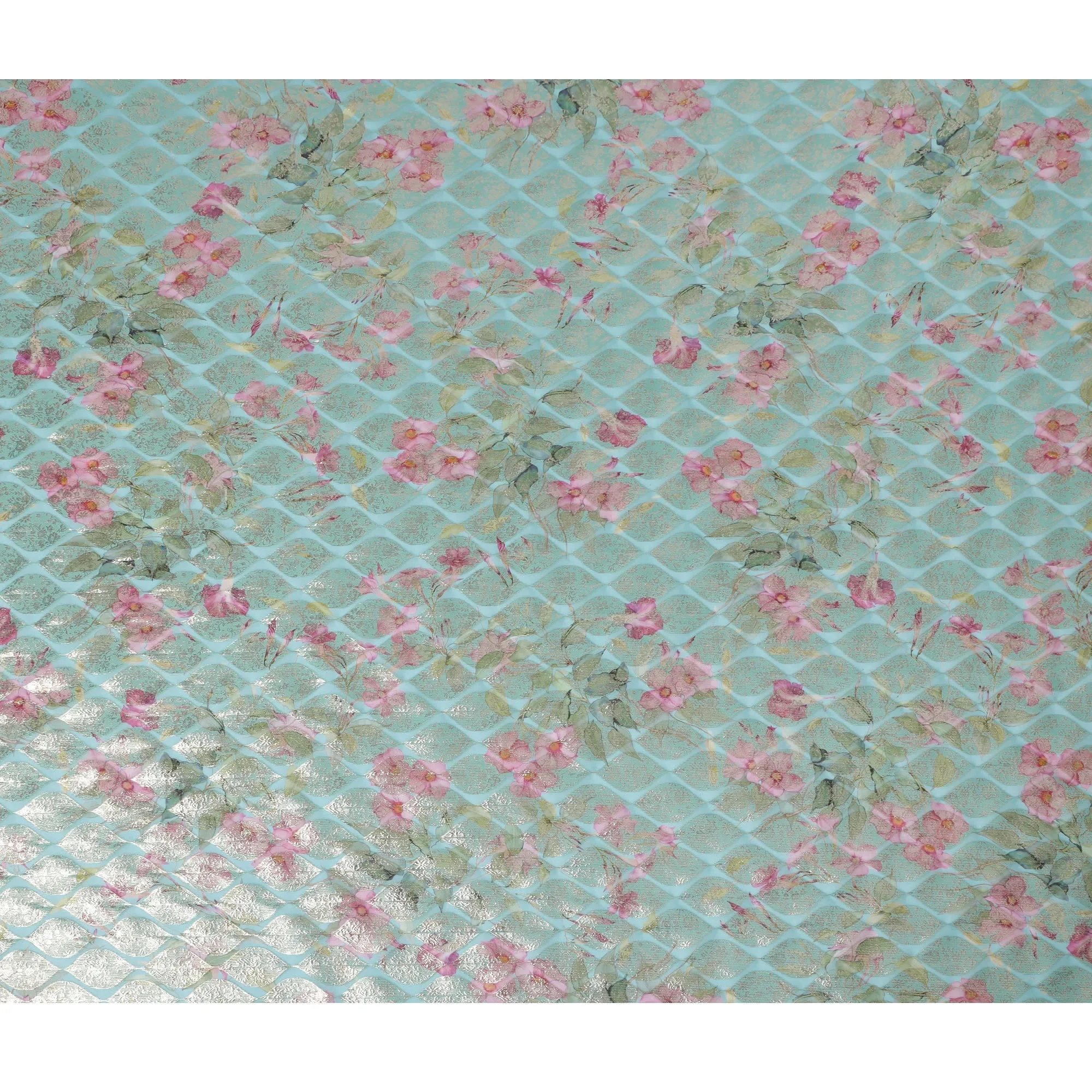 Aqua Floral Silk Chiffon Fabric with Metallic Lurex, Width 140 cm, South Korea-D21265