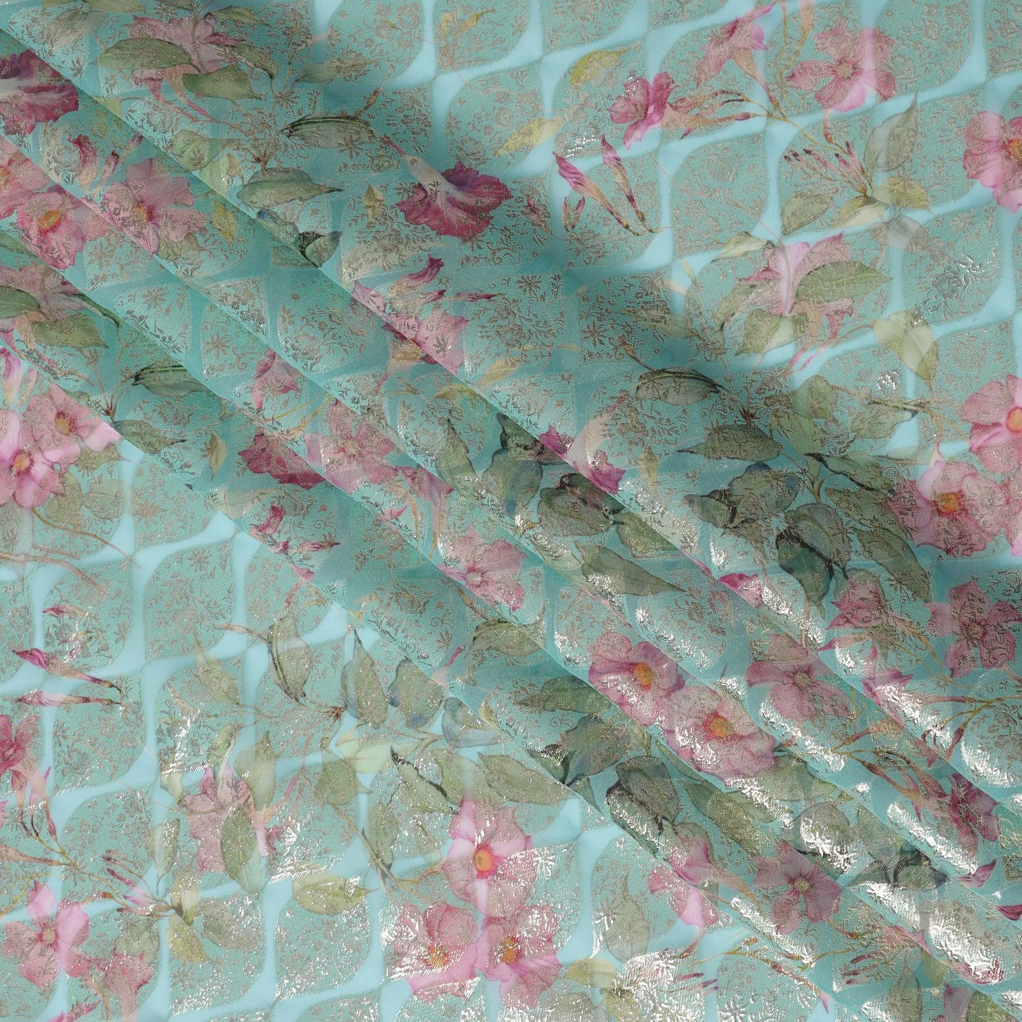 Aqua Floral Silk Chiffon Fabric with Metallic Lurex, Width 140 cm, South Korea-D21265