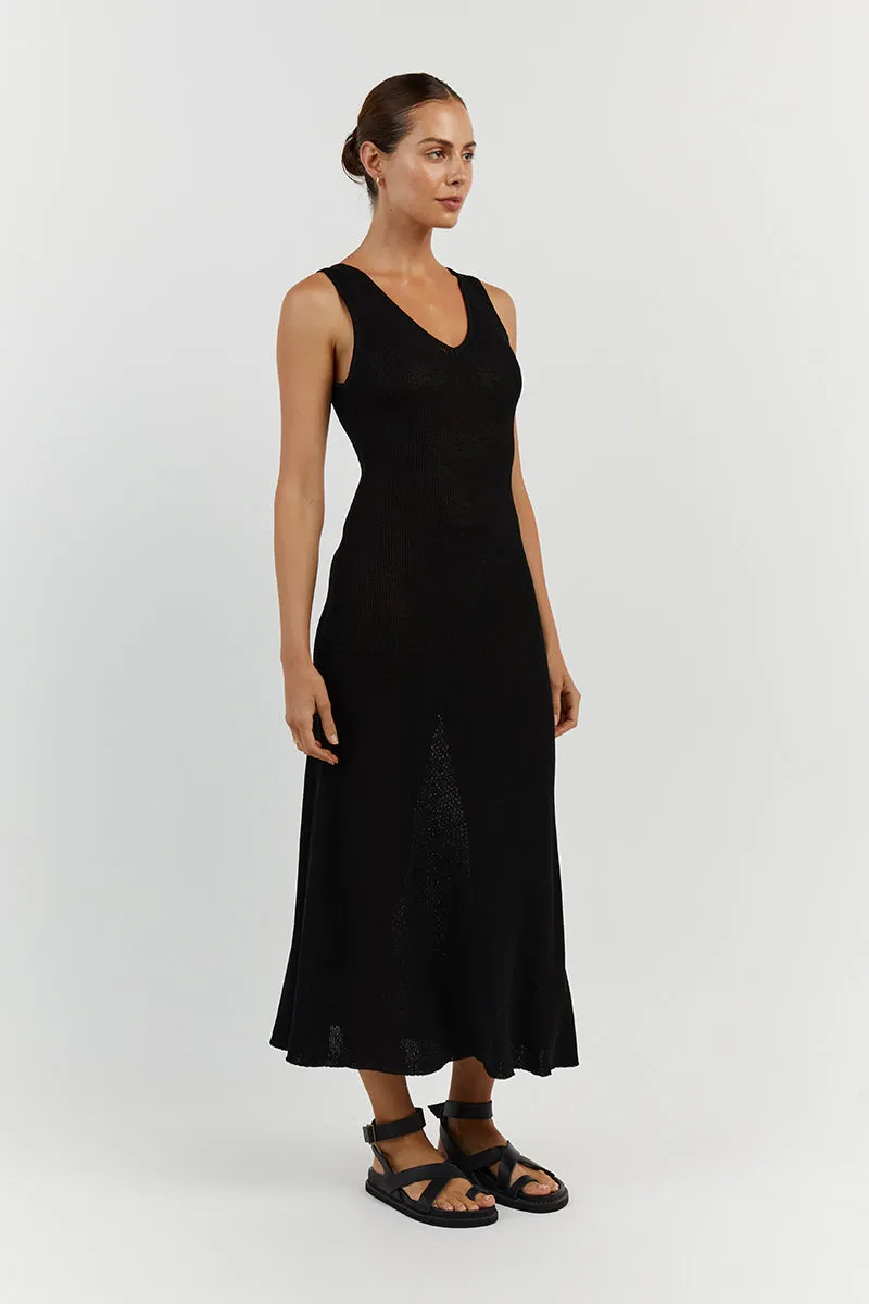 ASHER BLACK V NECK MIDI DRESS