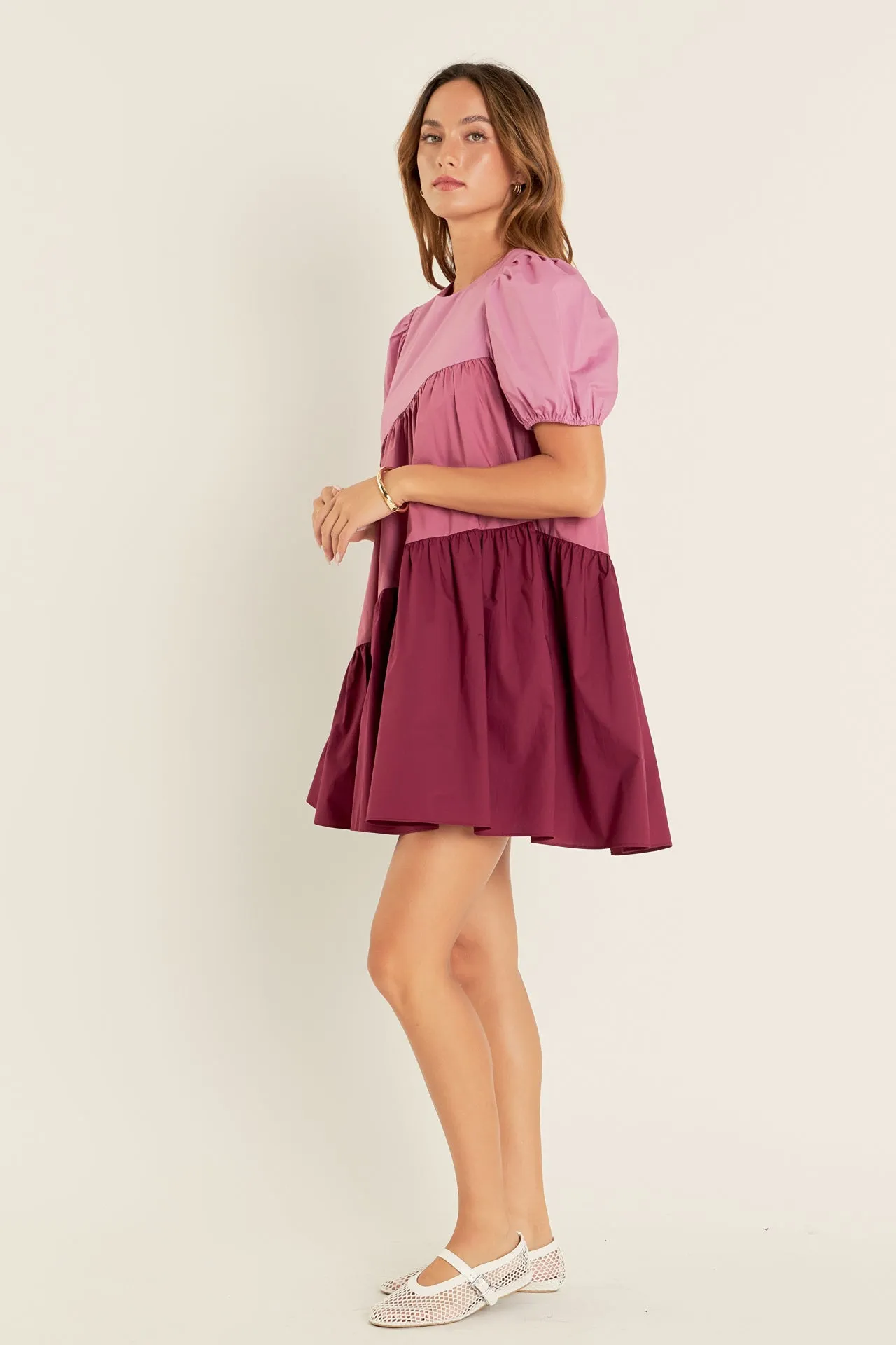 Asymmetrical Colorblock Puff Sleeve Dress