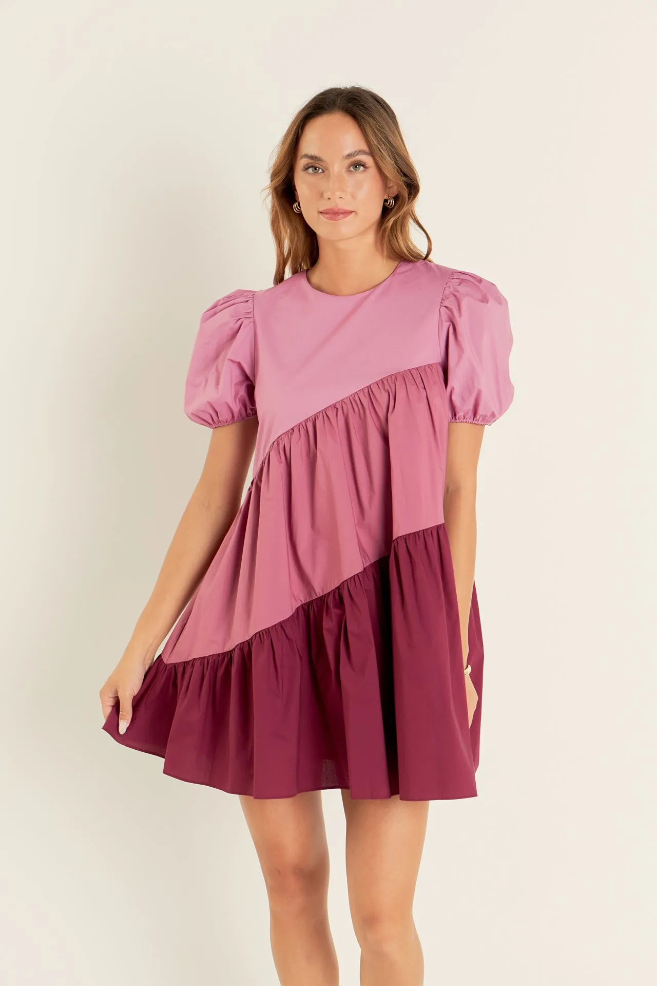 Asymmetrical Colorblock Puff Sleeve Dress