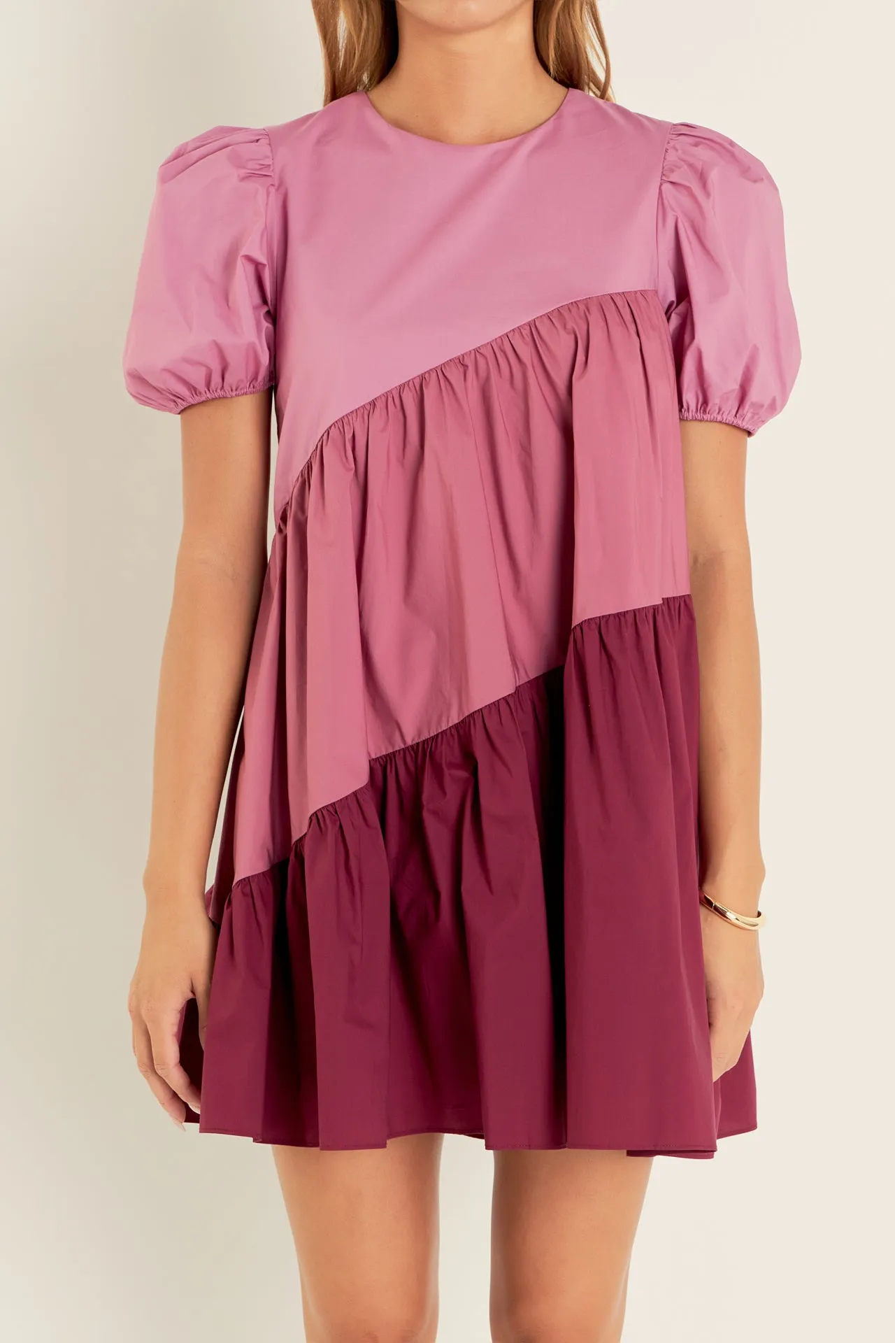 Asymmetrical Colorblock Puff Sleeve Dress