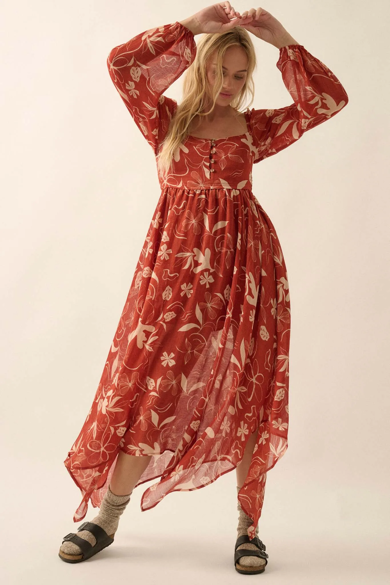 Autumn Winds Floral Chiffon Maxi Dress