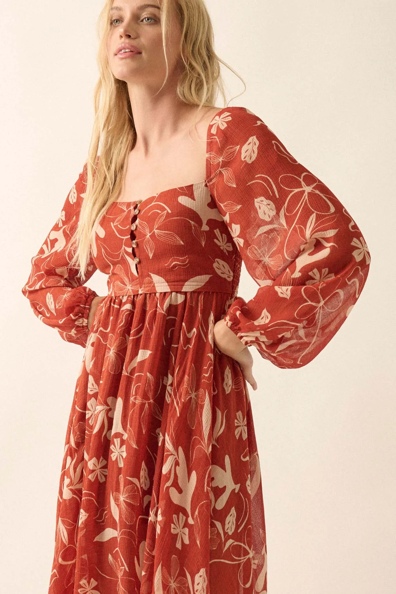 Autumn Winds Floral Chiffon Maxi Dress