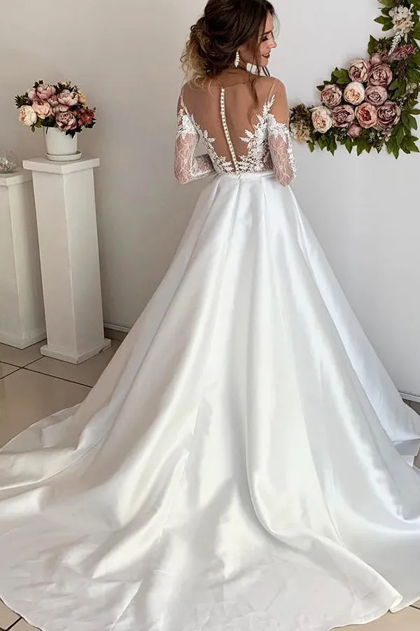 Beautiful Satin Long Sleeves Ball Gown Open Back Wedding Dresses with Appliques, SW314