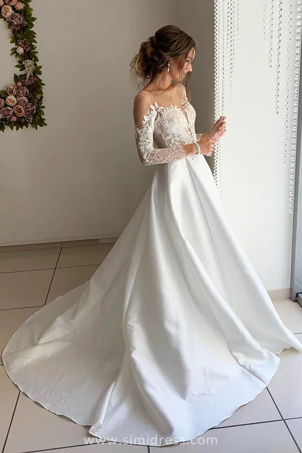 Beautiful Satin Long Sleeves Ball Gown Open Back Wedding Dresses with Appliques, SW314