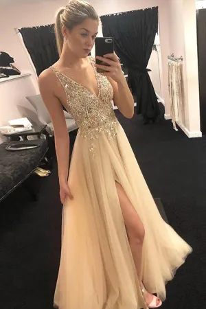 Beautiful Yellow Beaded A-line V-neck Open Back Prom Dresses With Slit, SP621