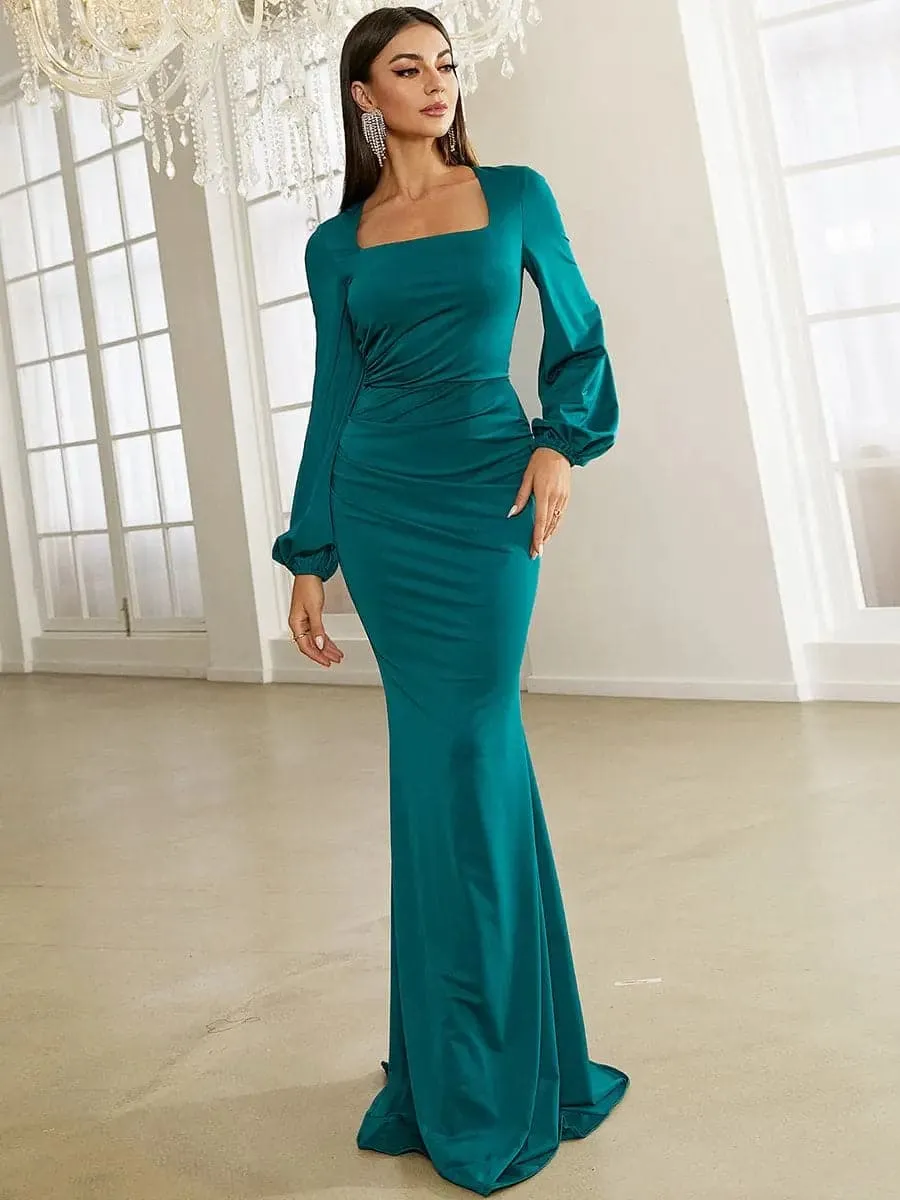 Bishop Sleeve Square Neck Green Mermaid Knit Prom Dress XJ1496