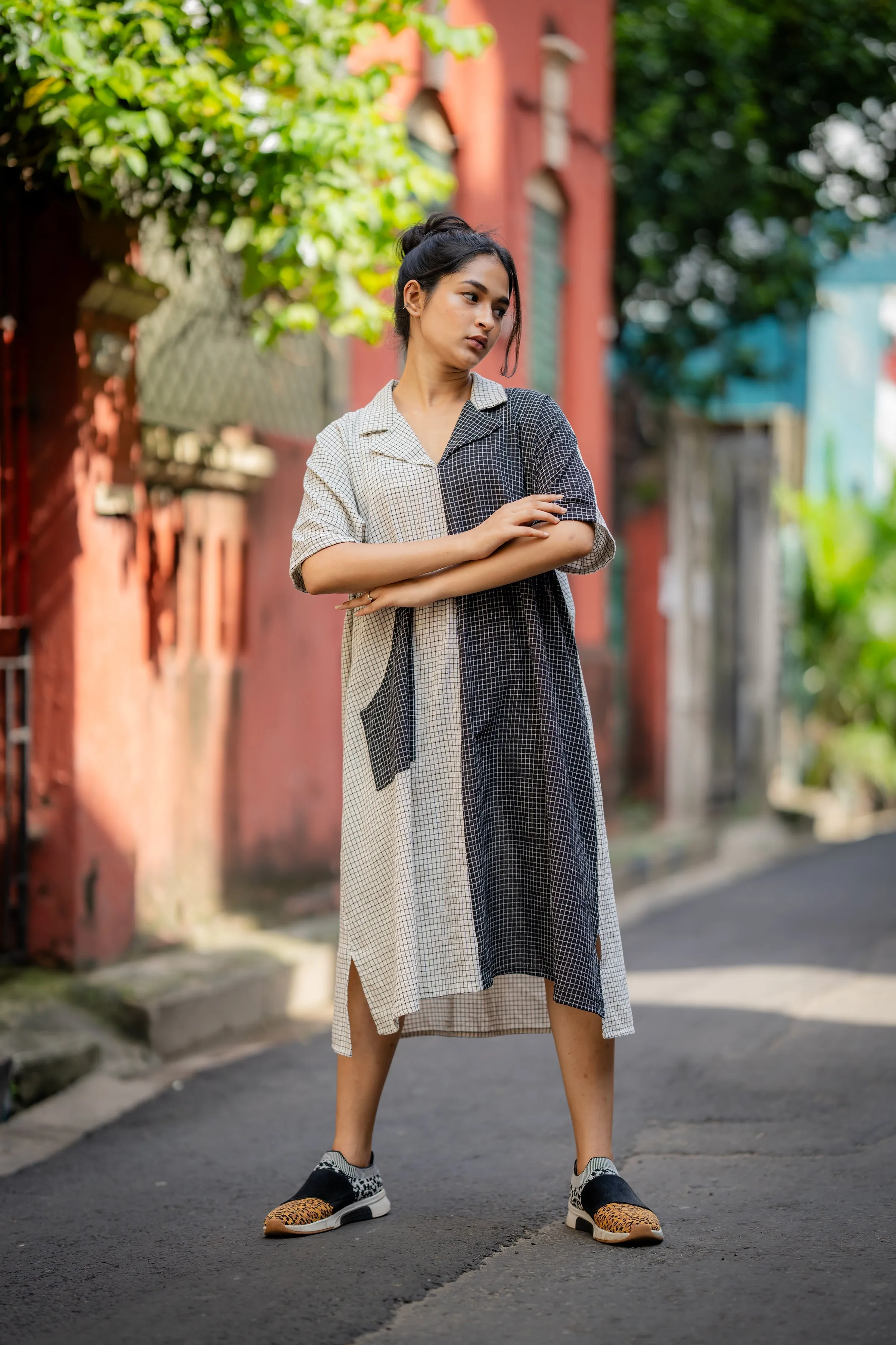 Black & White Checks Relaxed Fit Midi Dress