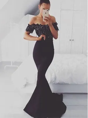 Black Off Shoulder Mermaiid Applique Prom Dress, WGP305