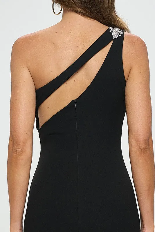 Black One Shoulder Front Cut Out Maxi Dress Jewel Detail