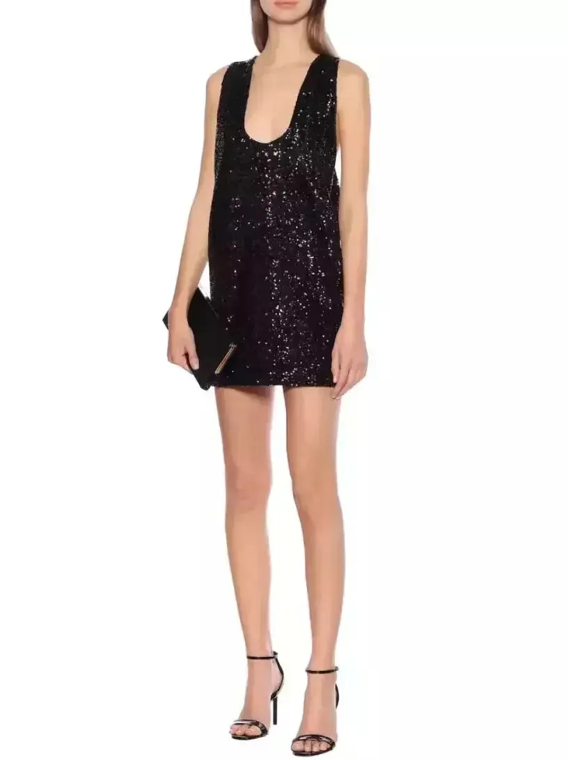 Black Sequin Low-Scoop Neckline Big Bow Mini Dress