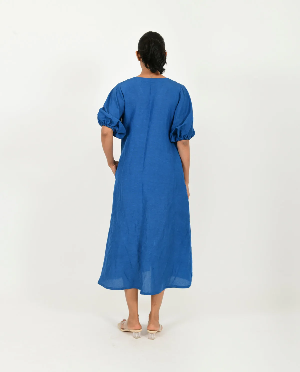 Blue Cotton Dress With Puffed Sleeves